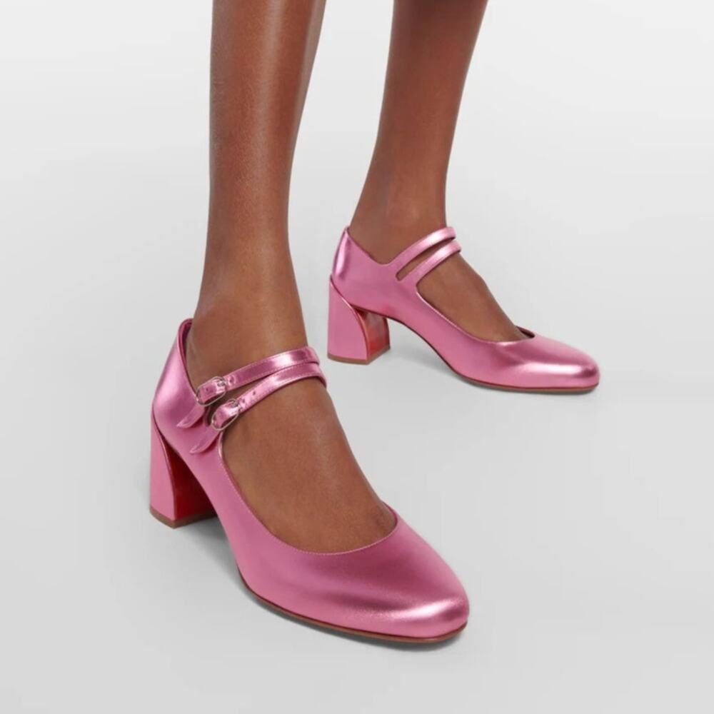 Christian Louboutin Miss Jane 55 Mary Jane Metallic Pink Leather Low Heels 36.5